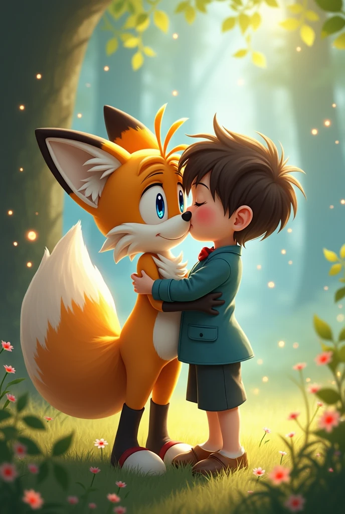 Tails the fox kissing a boy