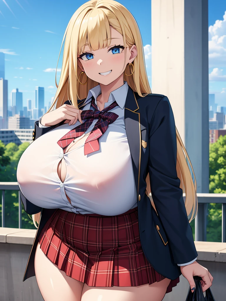 (best quality,4k,8k,highres,masterpiece:1.2), ultra-detailed, UHD, studio lighting, ultra-fine painting,sharp focus, physically-based rendering, extreme detail description, professional, vivid colors, bokeh, sexy woman, huge breasts, large breasts, curvy, voluptuous, blonde hair (straight bangs), sky-blue eyes, long hair, high school uniform, plaid skirt, earrings, grinning, standing, solo focus, high school, outdoors
