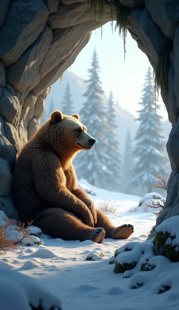 Ultrarealistic 8k Image, "A bear sitting in a cozy cave, with snow falling outside. The bear looks at peace, resting and preparing for a new cycle of strength and renewal."