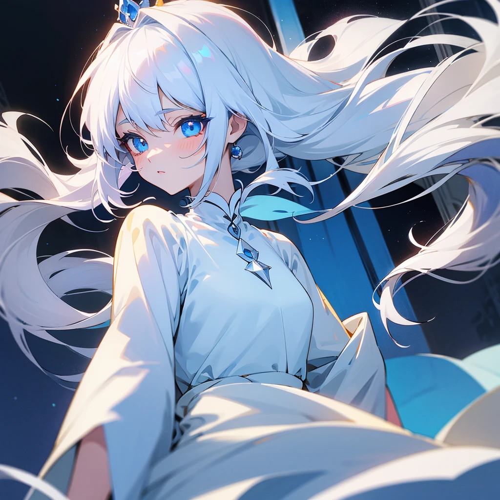 White haired girl in princess anime style, long white hair, his two-tone eyes, one royal blue eye and the other yellow eye, and with a sky blue princess dress
