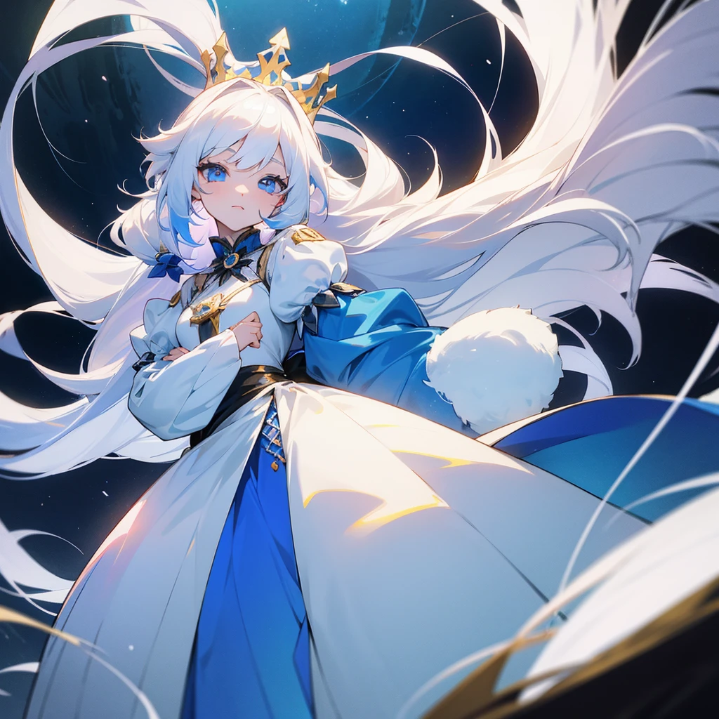 White haired girl in princess anime style, long white hair, his two-tone eyes, one royal blue eye and the other yellow eye, and with a sky blue princess dress