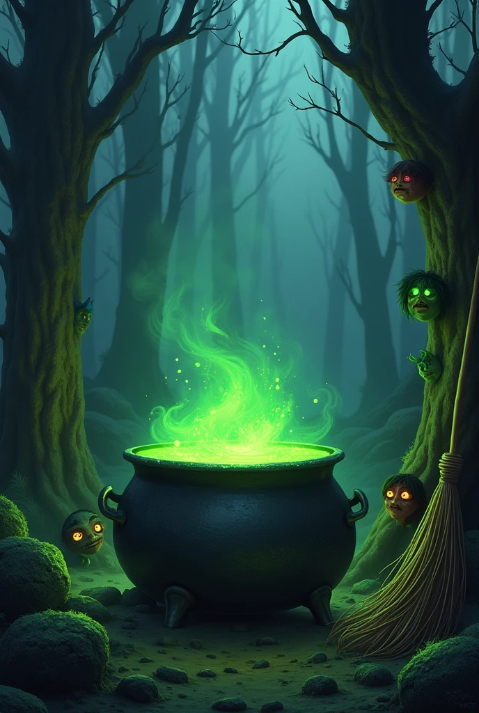 A witch’s cauldron bubbling over with green, glowing liquid in the middle of a dark, enchanted forest. Strange, magical creatures are peeking out from behind the trees, and the witch's broom is leaning against a nearby tree.