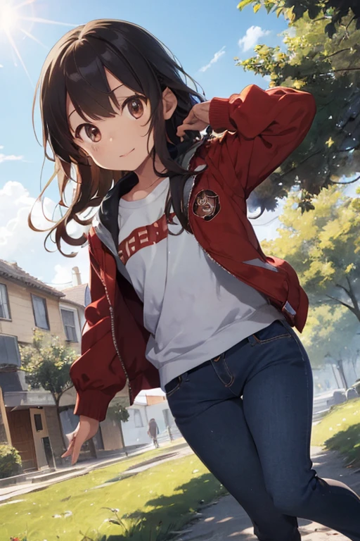 1 female, , as a child, girl, small chest, small legs, red jacket, jeans, brown long hair, light brown eyes, sunshine sky, grass