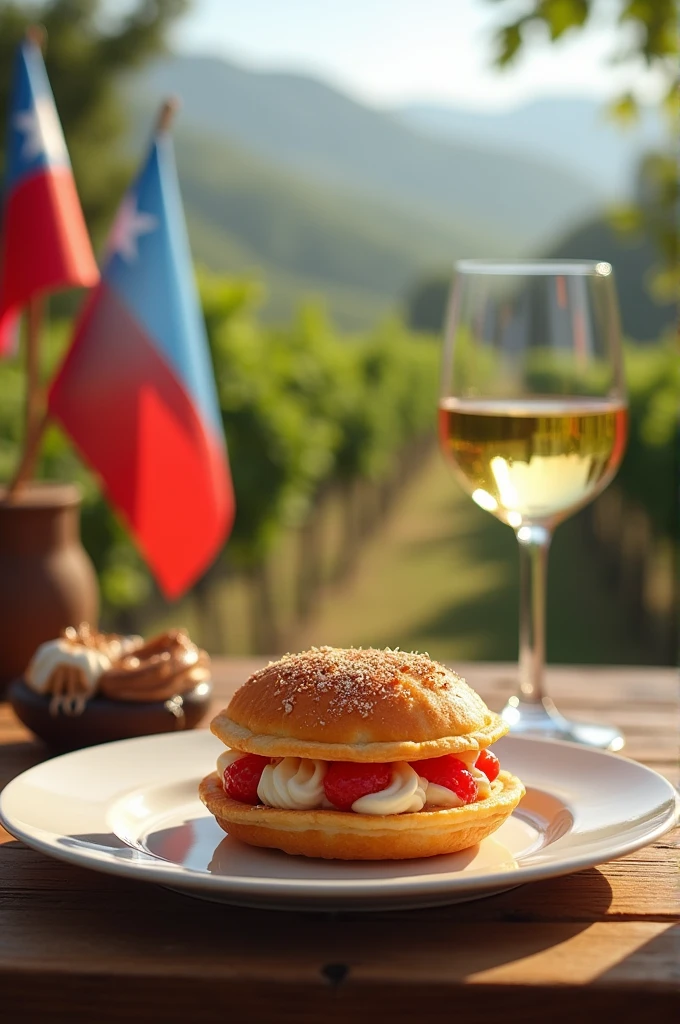 An image that has a plate with a sweet Candy composed of two thin slices of dough attached to each other with candy, arranged on a wooden table, with a Chilean flag and an Argentine one in a landscape of vineyards with a glass of wine, another with a sweet and sometimes covered in chocolate, merengue
