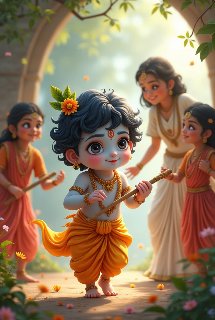 Cute little lord krishna with adorable eyes flute on his hand. His shokhis with him, and yoshoda ma, he is being catught by her
