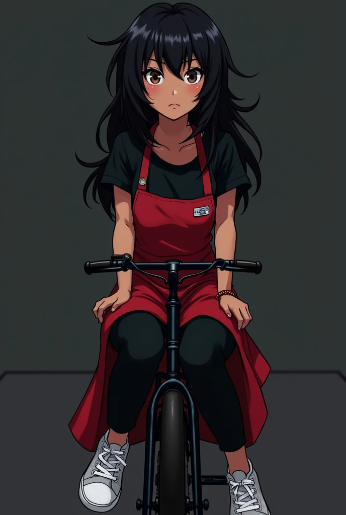 "An anime style girl, about 20 years old, with dark skin and a somewhat robust complexion, having masculine features. Her hair is long, Black and messy, with brown pupils and noticeable dark circles. He wears a black shirt, a red apron, black pants and white tennis shoes. On a black bike posing for a photo."