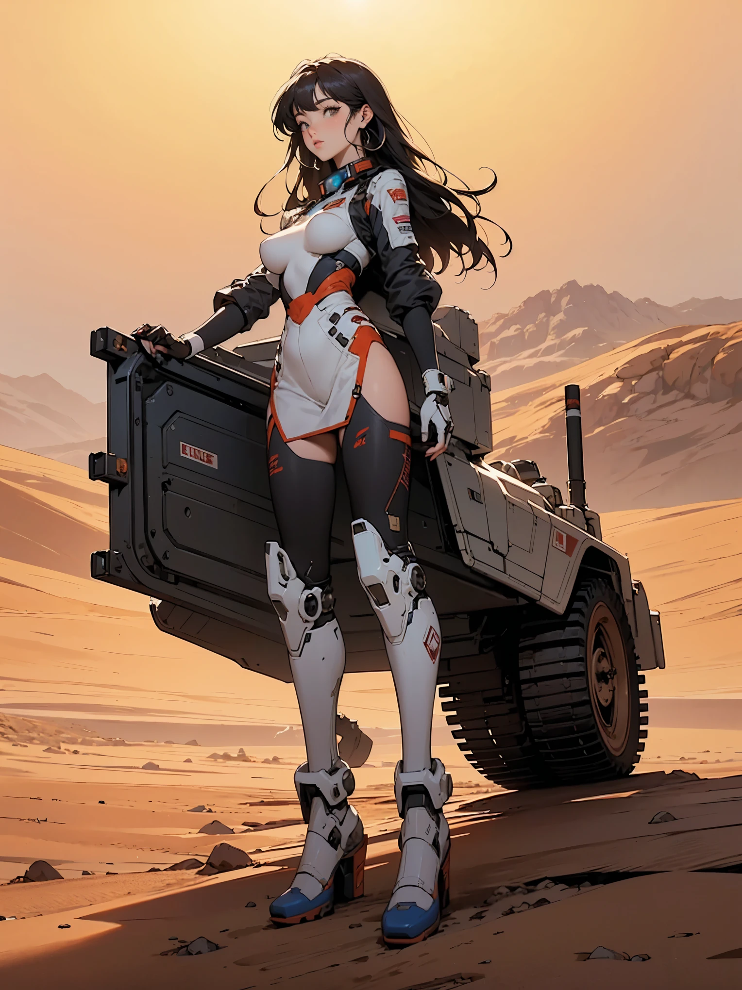 (obra de arte, melhor qualidade, Ultra-detalhado:1.3), mechgirl. The mars rover opportunity reimagined as an attractive anime woman, in mars, desert, dust. solar panels. "hybrid human-rover" mechgirl, ground view , full body