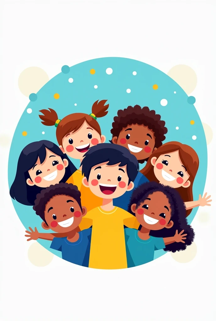 SCHOOL LOGO WITH SMILING CHILDREN IN BLUE AND YELLOW COLORS