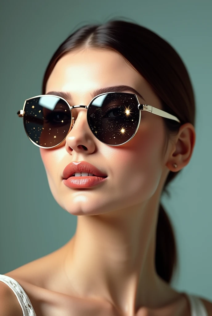 The model is wearing glass sunglasses with stars and the moon on the glass