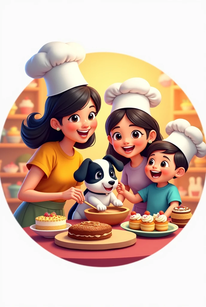 create an animated circular instagram logo of a mom with her oldest daughter and youngest son cooking all three and a baby dog with a black head and white body, all wearing chef's hats and surrounded by cakes. Let it have the phrase "Tobey's Delights" in Spanish