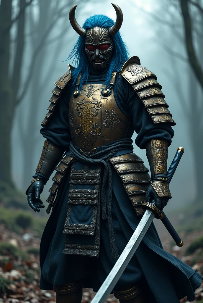 blue haired swords man in full armor, wearing an oni mask and blindfold