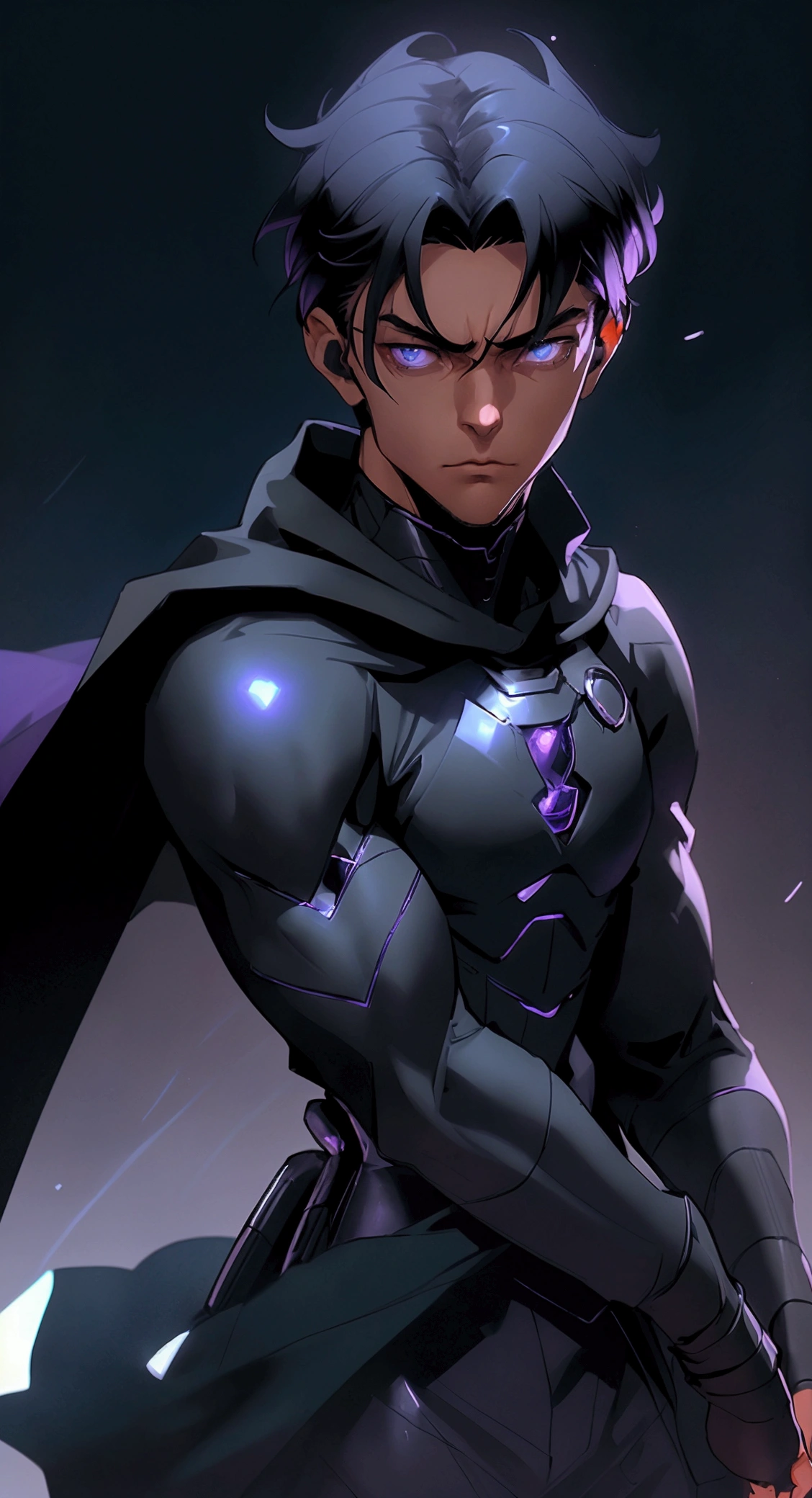 envision a 8k, highres, cinematic full body design sheet of an Short man with a strong face, sleek skinny body, clean shaved, with short slick black hair, and dark blue eyes wearing a black superhero suit with purple lights and metallic attachments and a long cape that is in the shape of the moon against a dark gray background