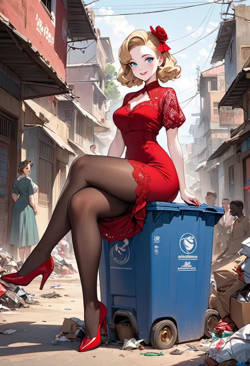 masterpiece,full body, small size head, Stunning elegant Blonde lady, 1940s hairstyle,pale skin, blue eyes, stunning, smile face, Brown stockings, she wear lace red dress, red stilettos , jewels,thick calves, super thick legs , super big ass. She is sitting on garbage in poor african Town that there are a Lot of garbage.