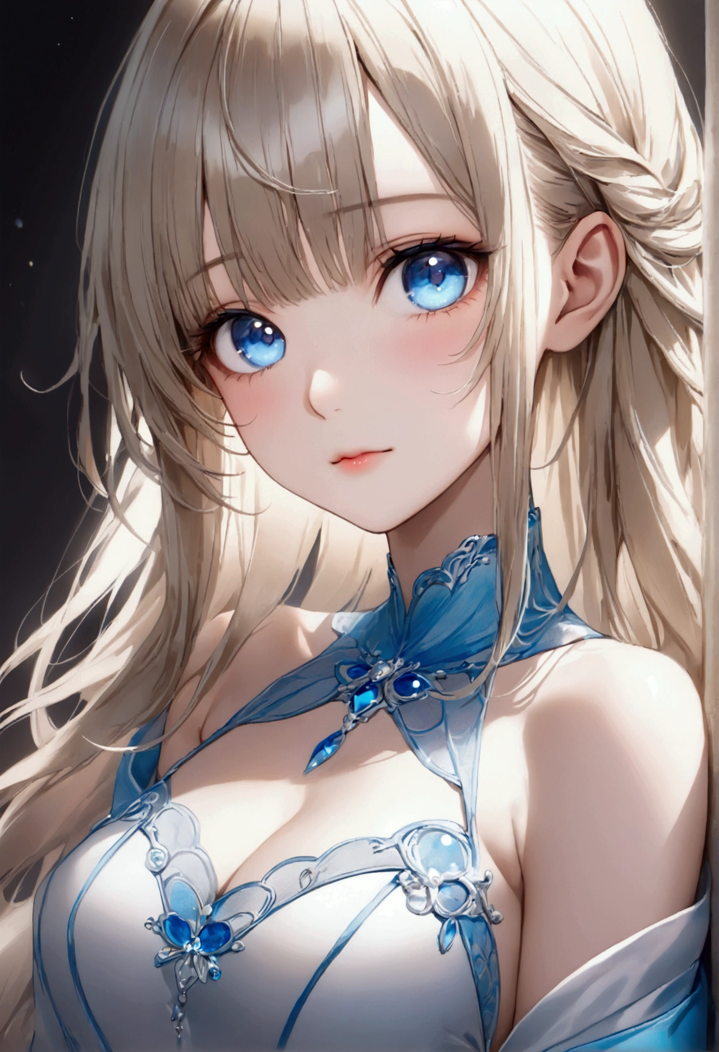 (a closeup:1.4)、(RAW shooting:1.2)、(Photorealsitic:1.4)、(masterpiece:1.3)、(top-quality:1.4)、bright expression、extremely beautyful girl、Extraordinary beautiful girl、Detailed cute and beautiful face、Beautiful bangs、Glowing white shiny skin、facial hairs、Bangs that extend to the face、Bangs between the eyes、Super long hair、Attractive light and dark platinum blonde super long straight silky hainer hair、Attractive glowing beautiful bright clear light blue big eyes、Luxurious dresses、Double eyelids、Lush bust、The upper part of the body、