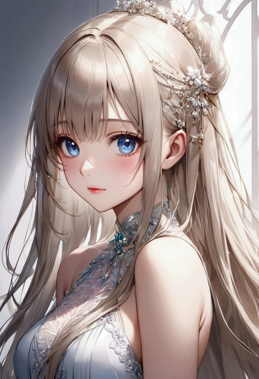 (a closeup:1.4)、(RAW shooting:1.2)、(Photorealsitic:1.4)、(masterpiece:1.3)、(top-quality:1.4)、bright expression、extremely beautyful girl、Extraordinary beautiful girl、Detailed cute and beautiful face、Beautiful bangs、Glowing white shiny skin、facial hairs、Bangs that extend to the face、Bangs between the eyes、Super long hair、Attractive light and dark platinum blonde super long straight silky hainer hair、Attractive glowing beautiful bright clear light blue big eyes、Luxurious dresses、Double eyelids、Lush bust、The upper part of the body、