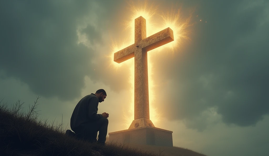 a man praying in middle a hyper realistic cross approximently 8 feet tall, mounted on solid brick that is unmoveable, the background shows a cloudy day on a hill. The cross has bright hyper realistic angelic highlights on it