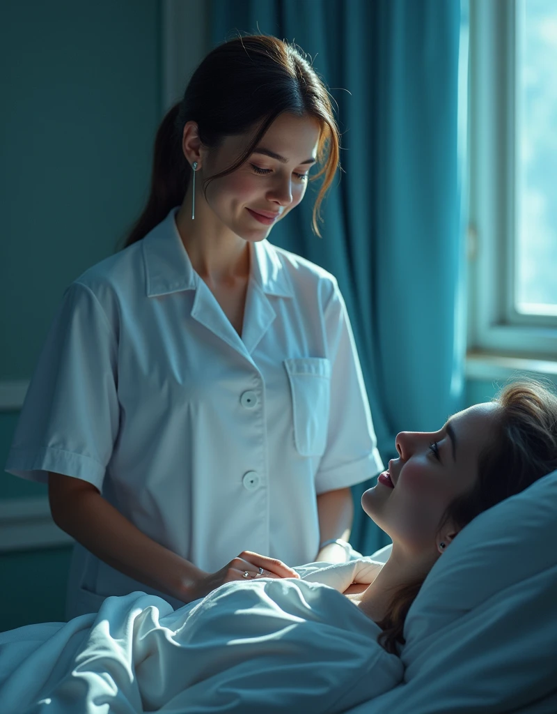 a beautiful nurse looking at a patient's bed, watching them intently with a captivating smile, a genuine expression of care and devotion, shot from a high angle to emphasize her mature, skilled nursing presence, Her transparent, mesmerizing eyes conveying a sense of gentle severity, (best quality,4K,8K,high resolution,artwork:1.2),Ultra-detailed,(realistic,photorealistic,photorealistic:1.37),digital painting,chiaroscuro lighting,cinematic composition,dramatic lighting,intricate details,vibrant colors,elegant,sophisticated,serene,soothing