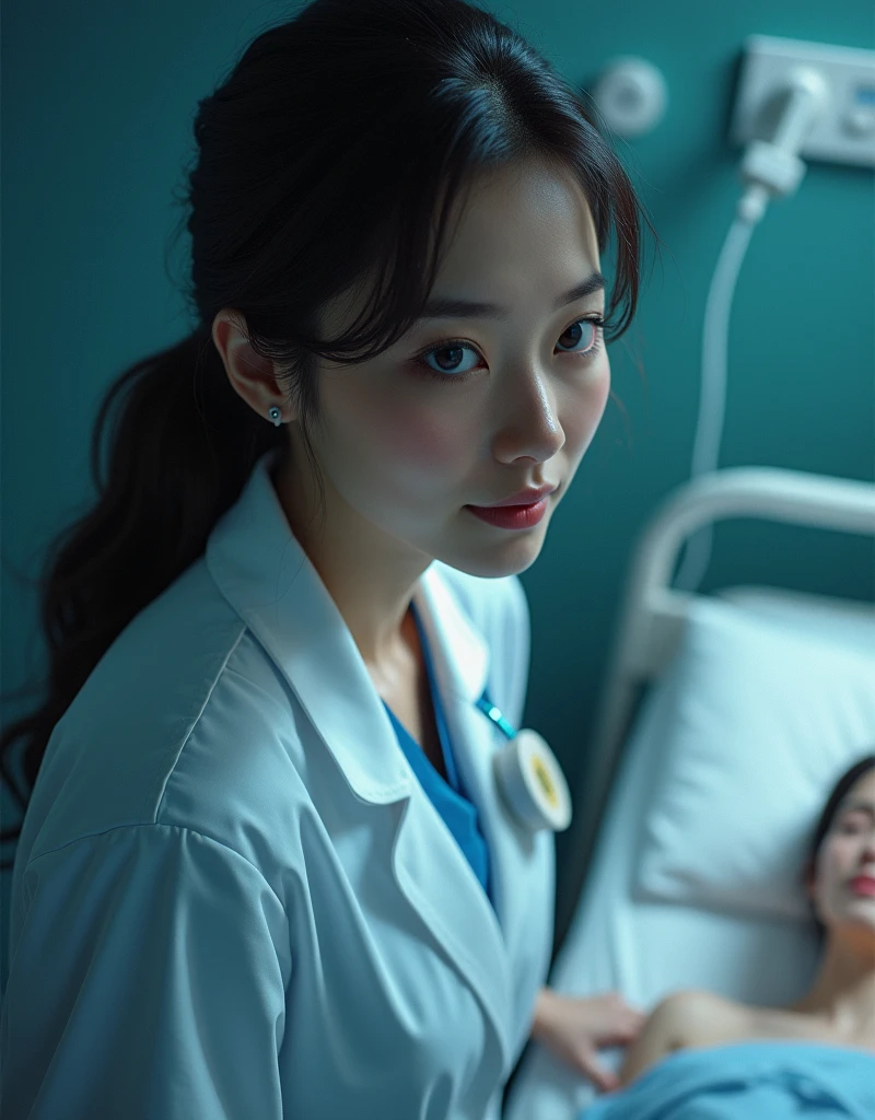 a beautiful nurse looking at a patient's bed, watching them intently with a captivating smile, a genuine expression of care and devotion, shot from a high angle to emphasize her mature, skilled nursing presence, Her transparent, mesmerizing eyes conveying a sense of gentle severity, (best quality,4K,8K,high resolution,artwork:1.2),Ultra-detailed,(realistic,photorealistic,photorealistic:1.37),digital painting,chiaroscuro lighting,cinematic composition,dramatic lighting,intricate details,vibrant colors,elegant,sophisticated,serene,soothing