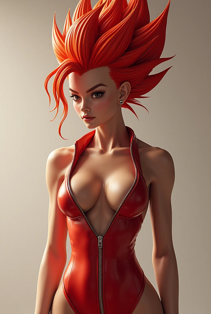 ((perfect anatomy:1.2,realistic:1.3,RAW Photography:1.3,masterpiece、highest quality、Ultra - High resolution、High resolution、Highly detailed CG、8K)), image of a super saiyan, The outfit should be alluring ,overly revealing,(((exposed breasts))), unzipped:1.2, ((breasts popping out)), ((costume is unzipped from her chest to her vagina)), narrow waist, wide hips ((bare chest)),very thin slender body, thigh gap, short hair, red hair, dragon ball spiky hair,