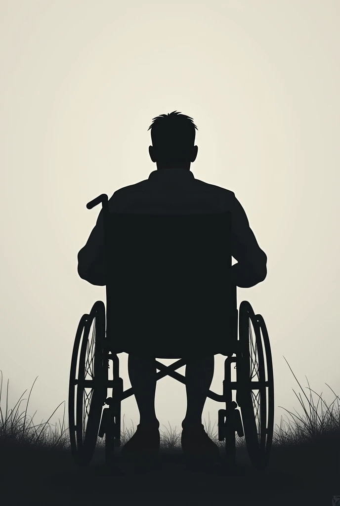 Silhouette of a man sitting in a wheelchair without a right leg, turning his back to the viewer
