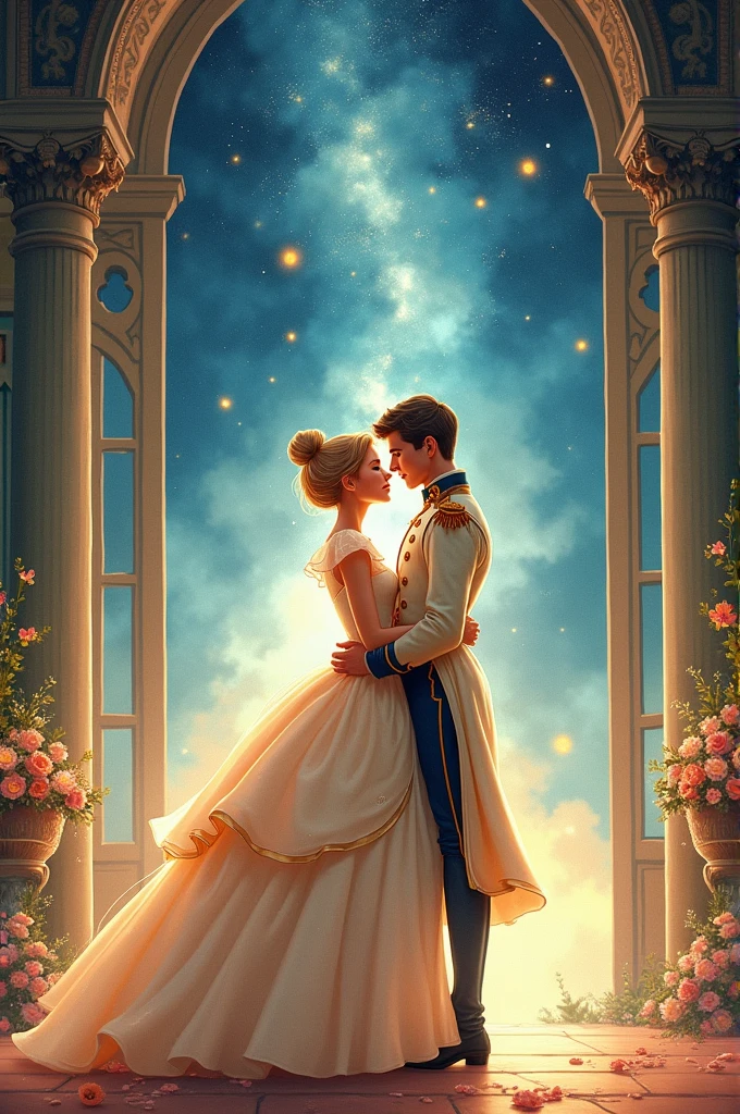 Make a picture of Cinderella with her prince in the shape of the drawing 