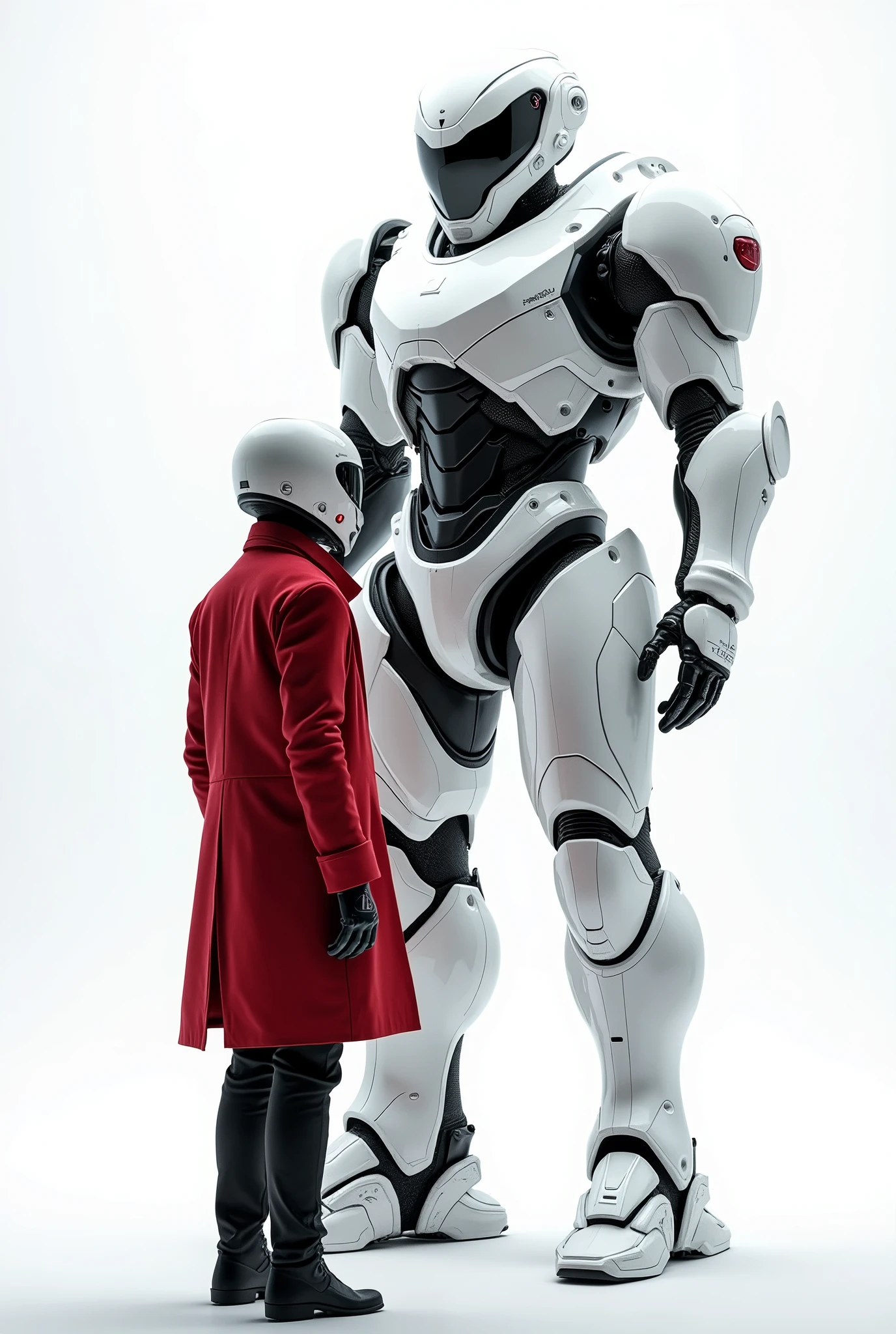 Creates a guy wearing a red coat and motorcycle helmet looking at a same size white technological armor in a white background 4k realistic