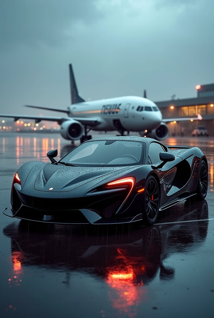 A super car, in a airport, with an airplane in the background, in the rain