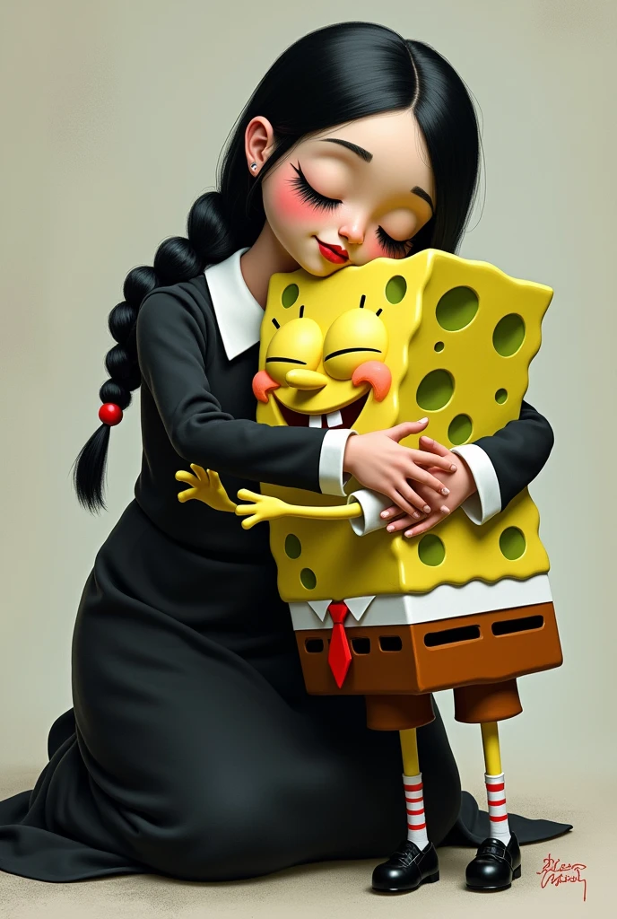 Wednesday addams  is cuddling spongebob squarepants 



Wednesday usually wears a black dress with a white collar, black stockings, and black shoes ..black hair in braids... 

Spongebob is a square sponge and he usually wears axwhite collared shirt, brown shorts, and a red tie.. 

