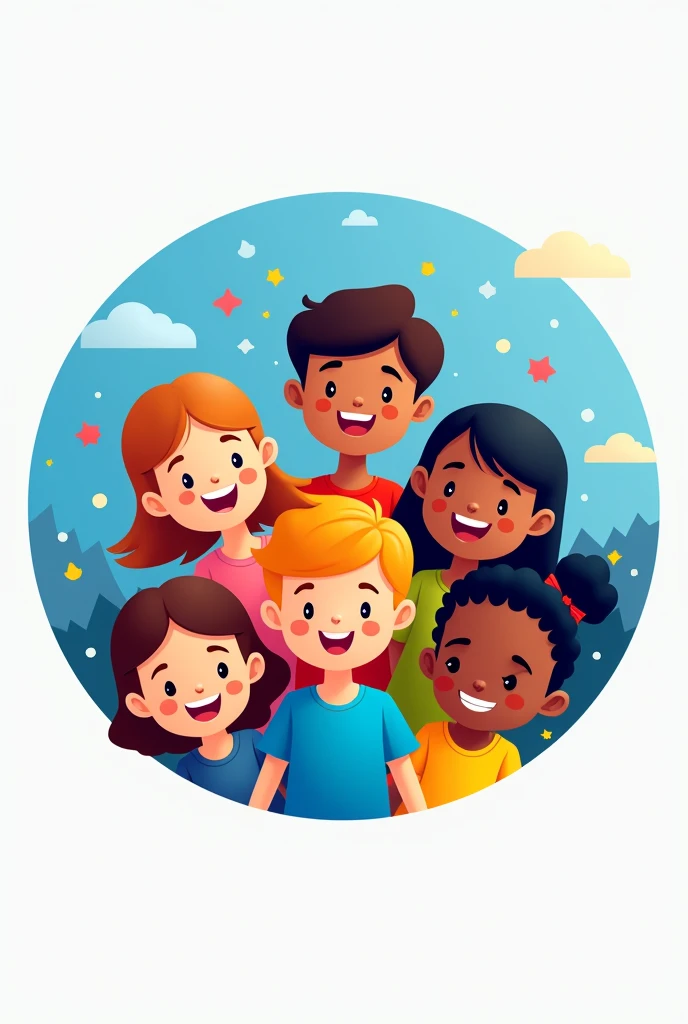 SCHOOL LOGO WITH SMILING CHILDREN IN BLUE AND YELLOW COLORS