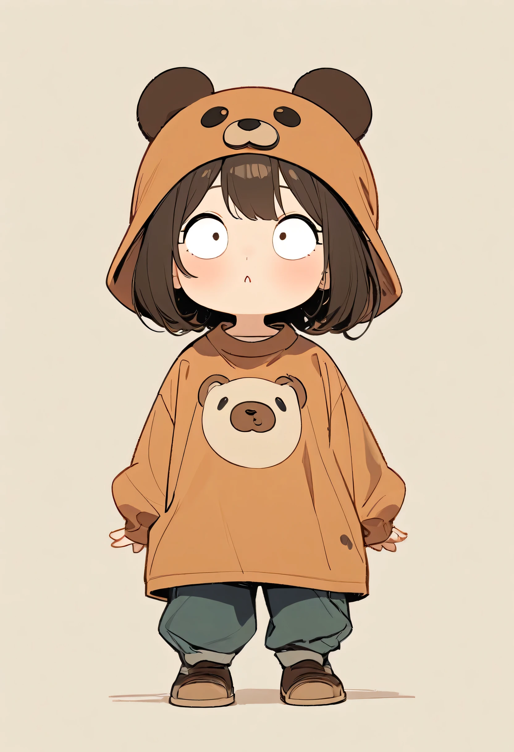(masterpiece, Highest quality:1.2), Cartoon-like character design。1 male, One person,Big eyes,Cute expression,bear shirt,Smock,Bear Hat,stand,exciting,exciting,Clean Lines, whole body, (((full body)))),toe,((simple background)),(green background),