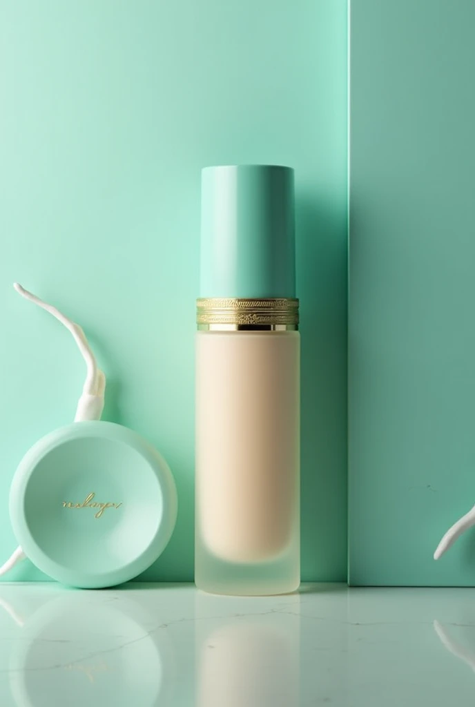 make makeup base
, for a brand called walancy with luxury aqua green and gold packaging