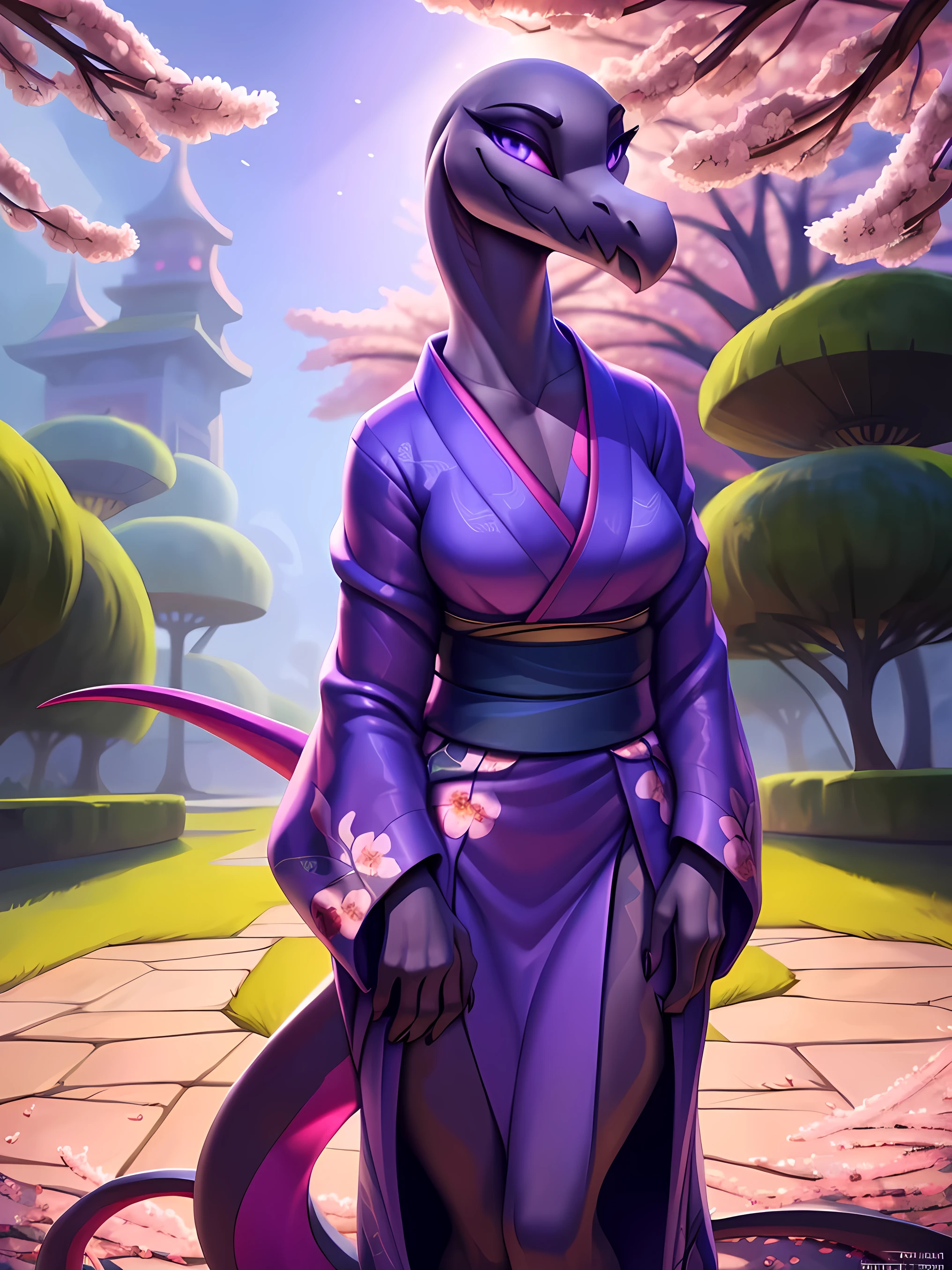 uploaded on e621, ((Salazzle)) by Pixelsketcher, by Bayard Wu, by Thomas Benjamin Kennington , by Einshelm, anthro, ((portrait)), BREAK, ((kimono:1.2)), wearing a kimono, long flowing kimono, flowers design on kimono, full body kimono)), (detailed Bonifasko lighting), (detailed scales), (detailed skin), (female Salazzle), BREAK, ((long flowing tail)), ((facing viewer)), (cinematic lighting), ((detailed background)), ((full body portrait view)), (((full body view))), (half body shadow), [backlighting], [crepuscular ray], [detailed ambient light], [gray natural lighting], [ambient light on the belly], (higher wildlife feral detail), [sharp focus], (shaded), ((masterpiece), medium breasts, furry Salazzle, reptilian face, furry Fantasy Art, furry Art, Commission for High Res, anthro Art, POV furry Art,Sakimichan beautiful, masterpiece, best quality, detailed image, bright colors, detailed face, perfect lighting, perfect shadows, perfect eyes, girl focus, purple eyes, flawless face, face focus, long flowing, reptilian girl, scales, scales woman, dragon nose, large long muzzle, colorful scales, gaze at the viewer, half-closed eyes, 1girl, full body, (masterpiece:1.21), (best quality:1.2), (illustration:1.2), (cinematic lighting:1.3), detailed scales, balanced coloring, global illumination, ray tracing, good lighting, scales, anthro, showing breasts, cleavage, looking at viewer, seductive look, (standing outside, in garden, cherry blossoms, woman looking at viewer, woman looking at camera, black fire in open hands