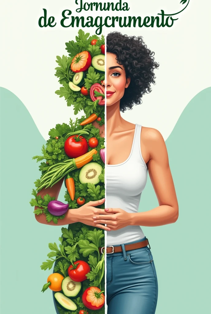 The cover must have a clean and modern design, with a focus on health and well-being. Use shades of green, white and blue to represent health, cleanliness and tranquility. Include the image of a woman, on one side she is FAT and in the context of unhealthy foods and on the other she is thin with healthy foods and vegetables. The title "JORNADA DE EMAGRECIMENTO" must be prominently displayed. The layout must be balanced with a harmonious arrangement of visual and textual elements, creating an organized and pleasant appearance.