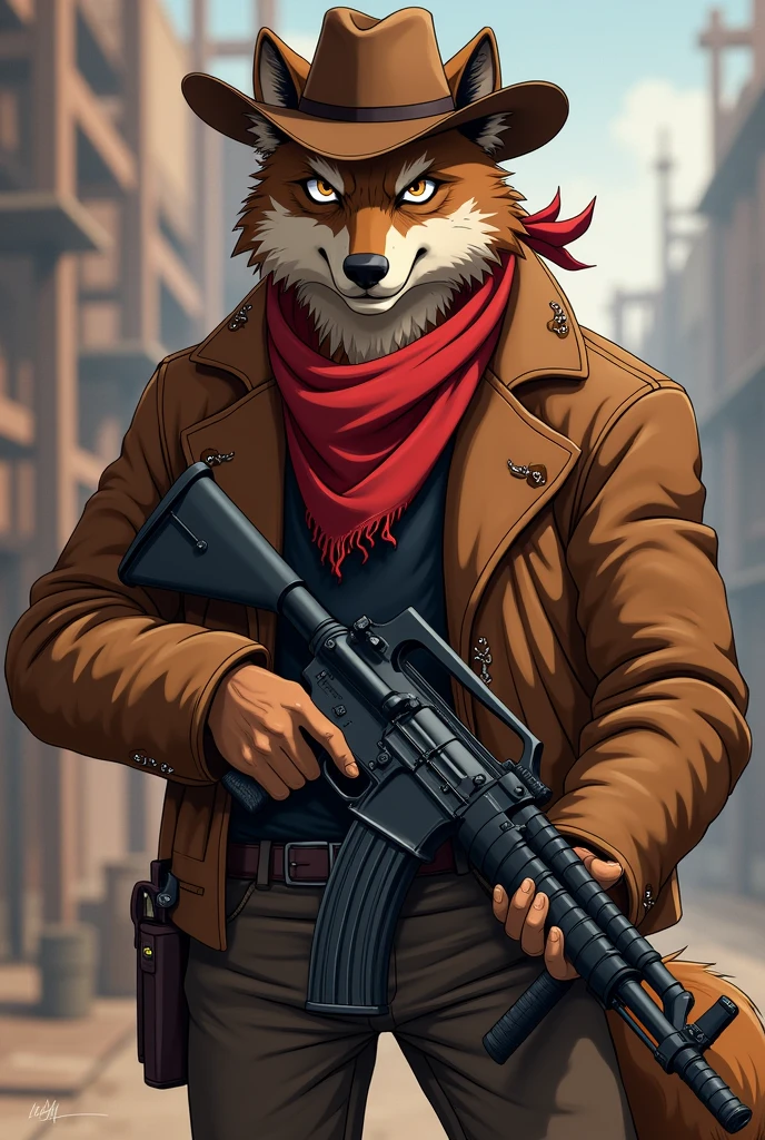 Animé, loup gros cow-boy, Pupille marron, Yeux blanc, Foulard rouge, Ak47 à la main, chapeau marron, sourire stylé, poil marron, pose badass, 1m80cm