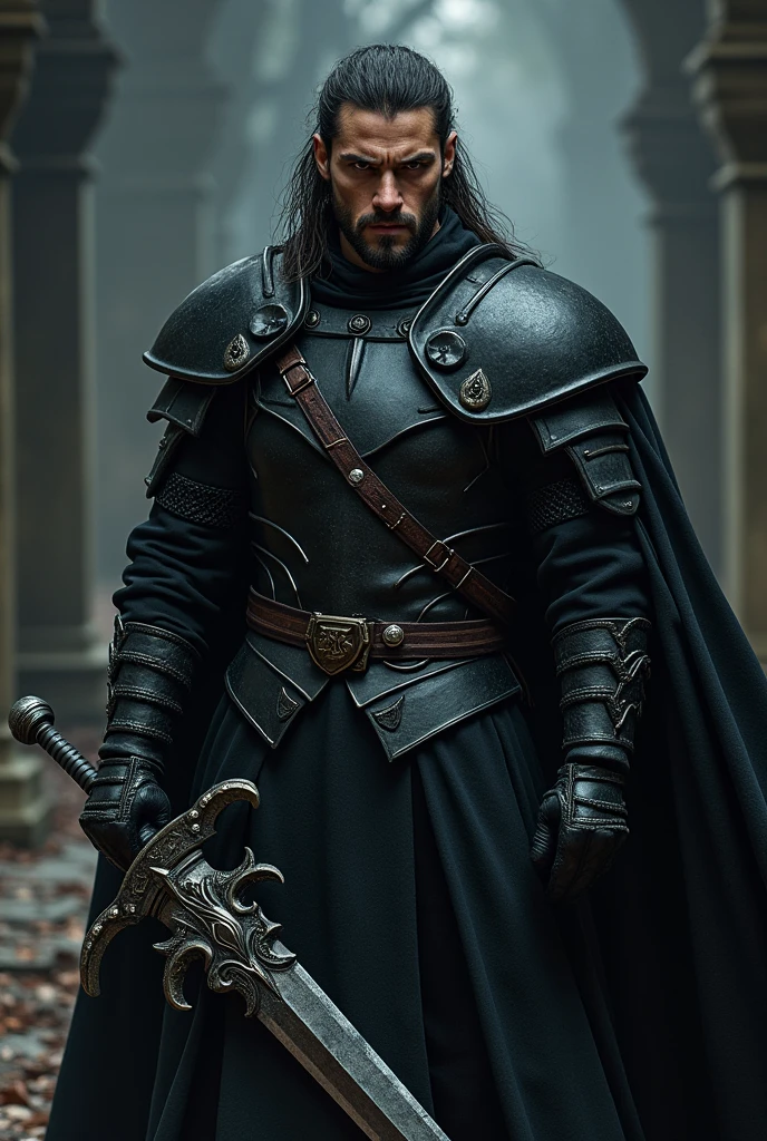An angry European warrior man with long buzzing hair and luminous brown eyes wearing full black armor holding a magic fragmented sword standing in a dark place looking to the left