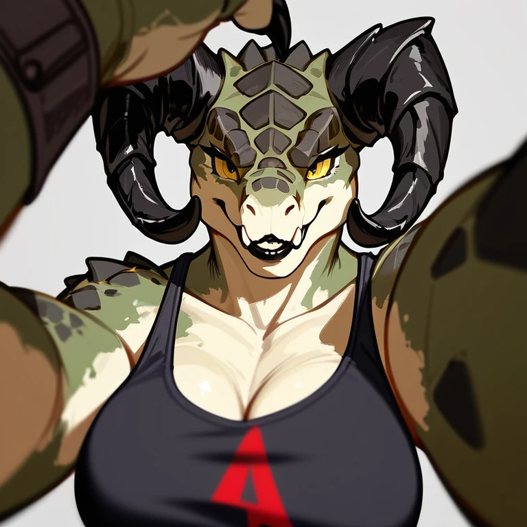 (((Masterpiece))), ((4k)), (best body), Solo, score_9,score_8_up,score_7_up, kemono style, Anthro deathclaw from fallout, Anthro reptile girl, snout, green scaled skin, gold eyes, black lips, black horns, black ram horns, athletic body, smiling, wearing brown laced tank top, pov, pov she is holding viewers face, pov she is holding viewer, simple grey background