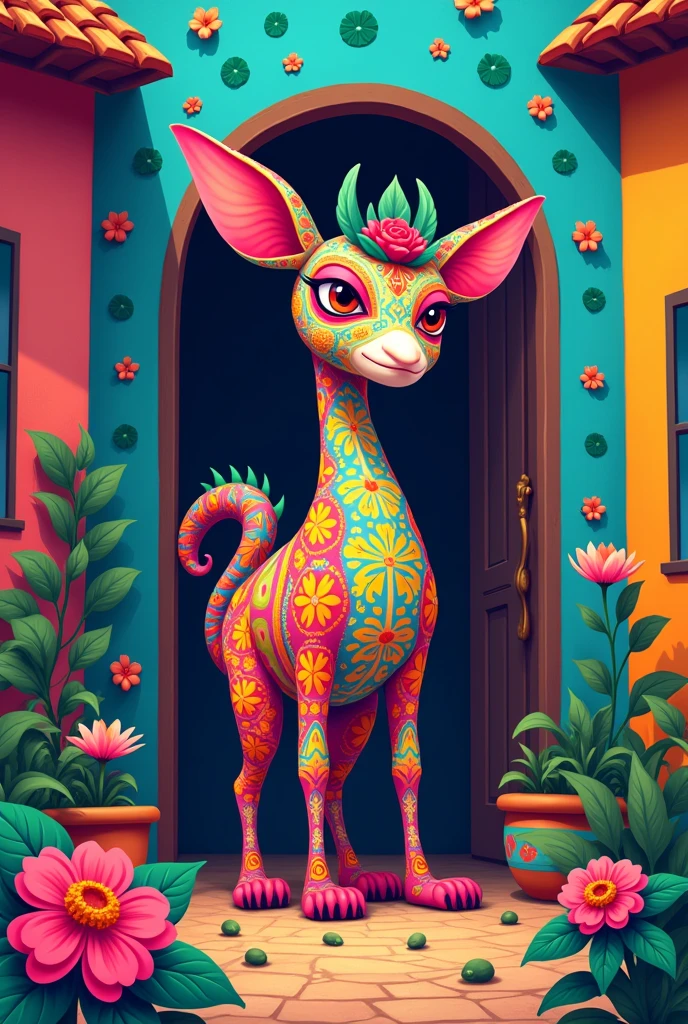 Make me a picture that represents Mexican culture in cartoon with alebrijes