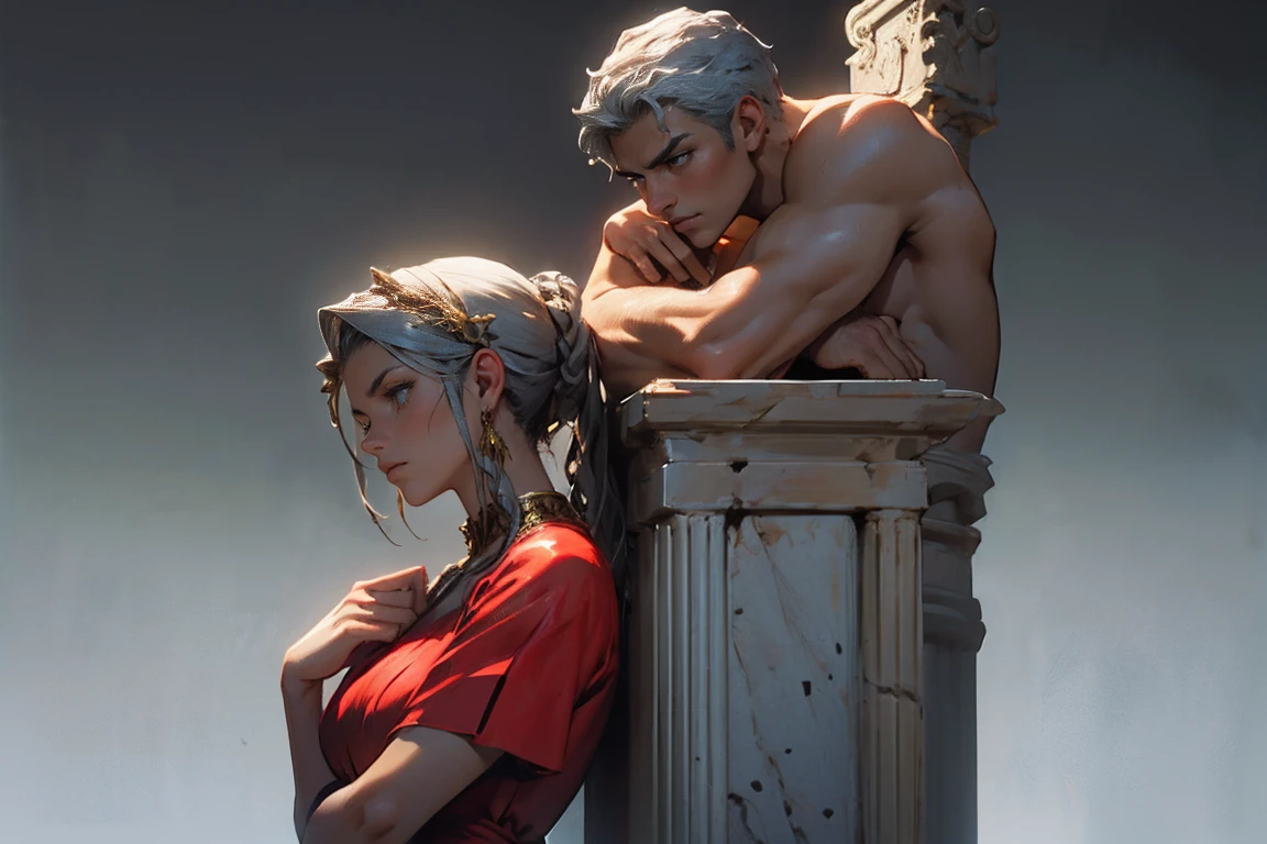a beautiful stoic female statue wearing a striking red dress, 4k, stoic statue from greece, 8k, hercules style, dark background, pensive