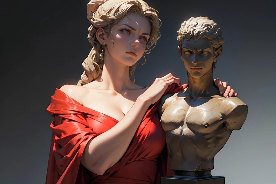 a beautiful stoic female statue wearing a striking red dress, 4k, stoic statue from greece, 8k, hercules style, dark background, pensive