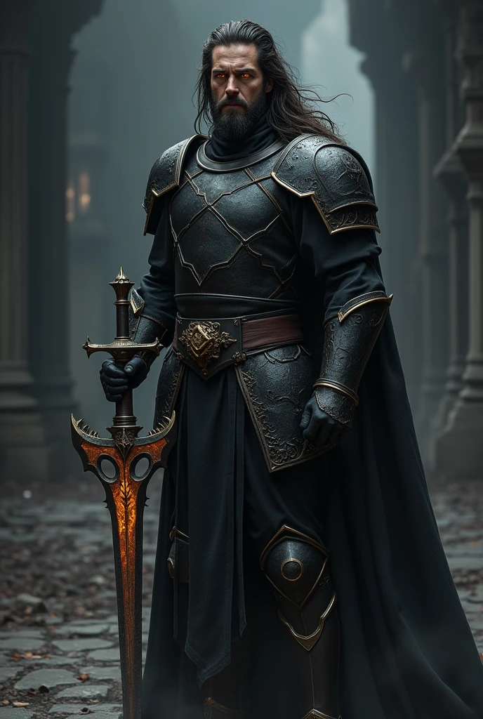 An angry European warrior man with long buzzing hair and luminous brown eyes wearing full black armor holding a magic fragmented sword standing in a dark place looking to the left