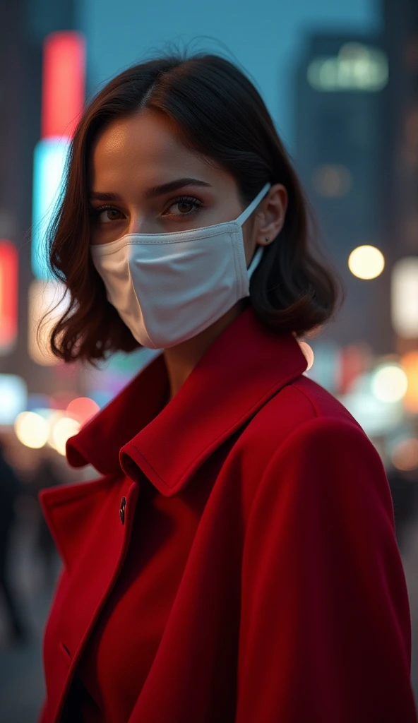 Beautiful woman in a red coat、White mask on the mouth、City of night