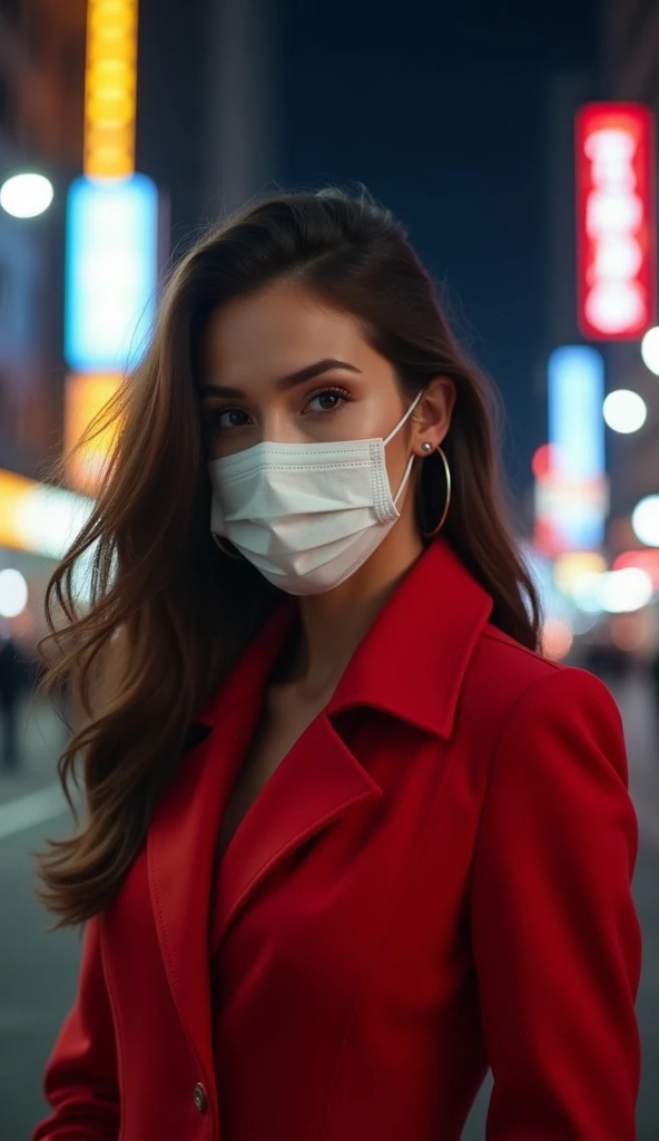 Beautiful woman in a red coat、White mask on the mouth、City of night