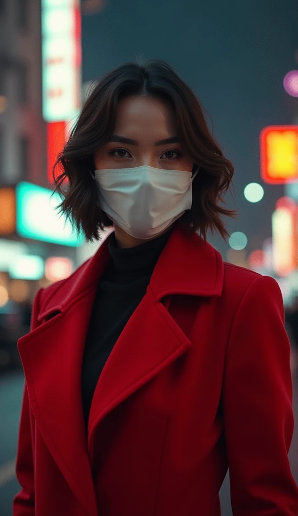 Beautiful woman in a red coat、White mask on the mouth、City of night
