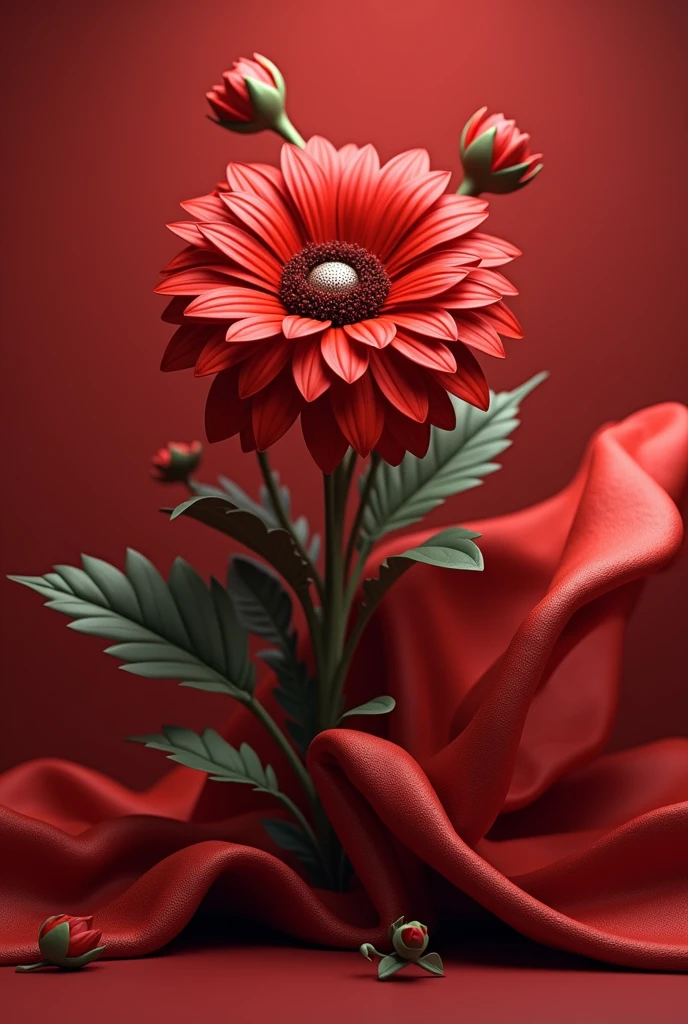 there is a red flower with a white button on it, red color theme, red theme, celestial red flowers vibe, vibrant red colors, red flower, rich red colors, red color bleed, very red colors, abstract 3 d artwork, red fluid, draped with red hybiscus, flowing realistic fabric, red background photorealistic, dominating red color, vibrant red