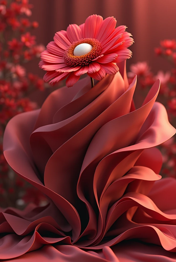 there is a red flower with a white button on it, red color theme, red theme, celestial red flowers vibe, vibrant red colors, red flower, rich red colors, red color bleed, very red colors, abstract 3 d artwork, red fluid, draped with red hybiscus, flowing realistic fabric, red background photorealistic, dominating red color, vibrant red