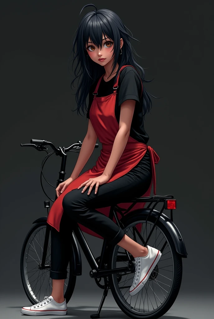 "An anime style girl, about 20 years old, with dark skin and a somewhat robust complexion, having masculine features. Her hair is long, Black and messy, with brown pupils and noticeable dark circles. He wears a black shirt, a red apron, black pants and white tennis shoes. On a black bike posing for a photo."