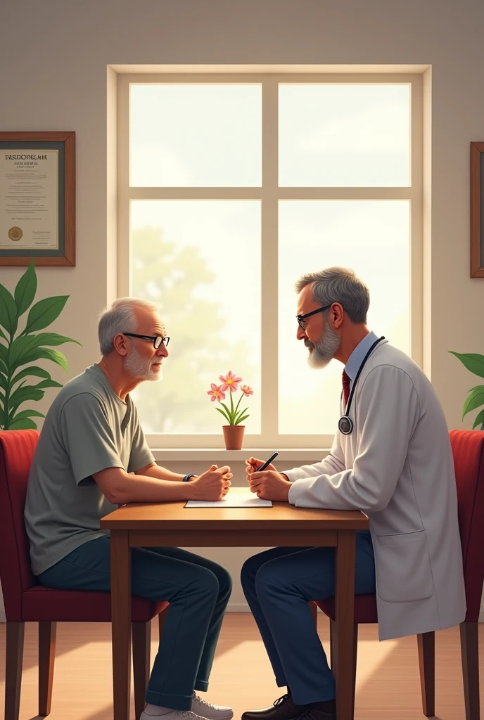 Doctor sitting at a table talking to a patient