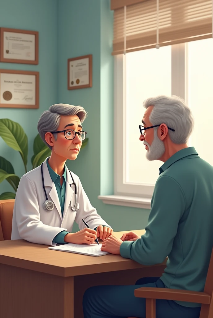 Doctor sitting at a table talking to a patient