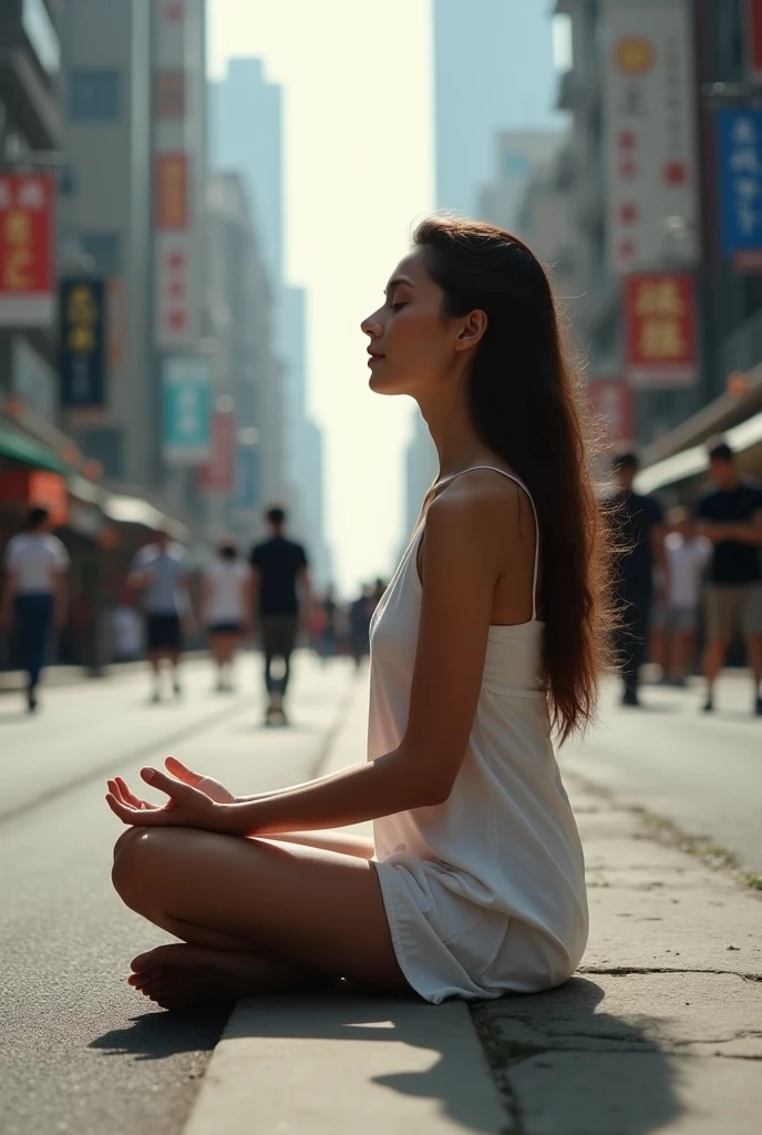 Woman sitting on the street in lotus position, side view, barefoot