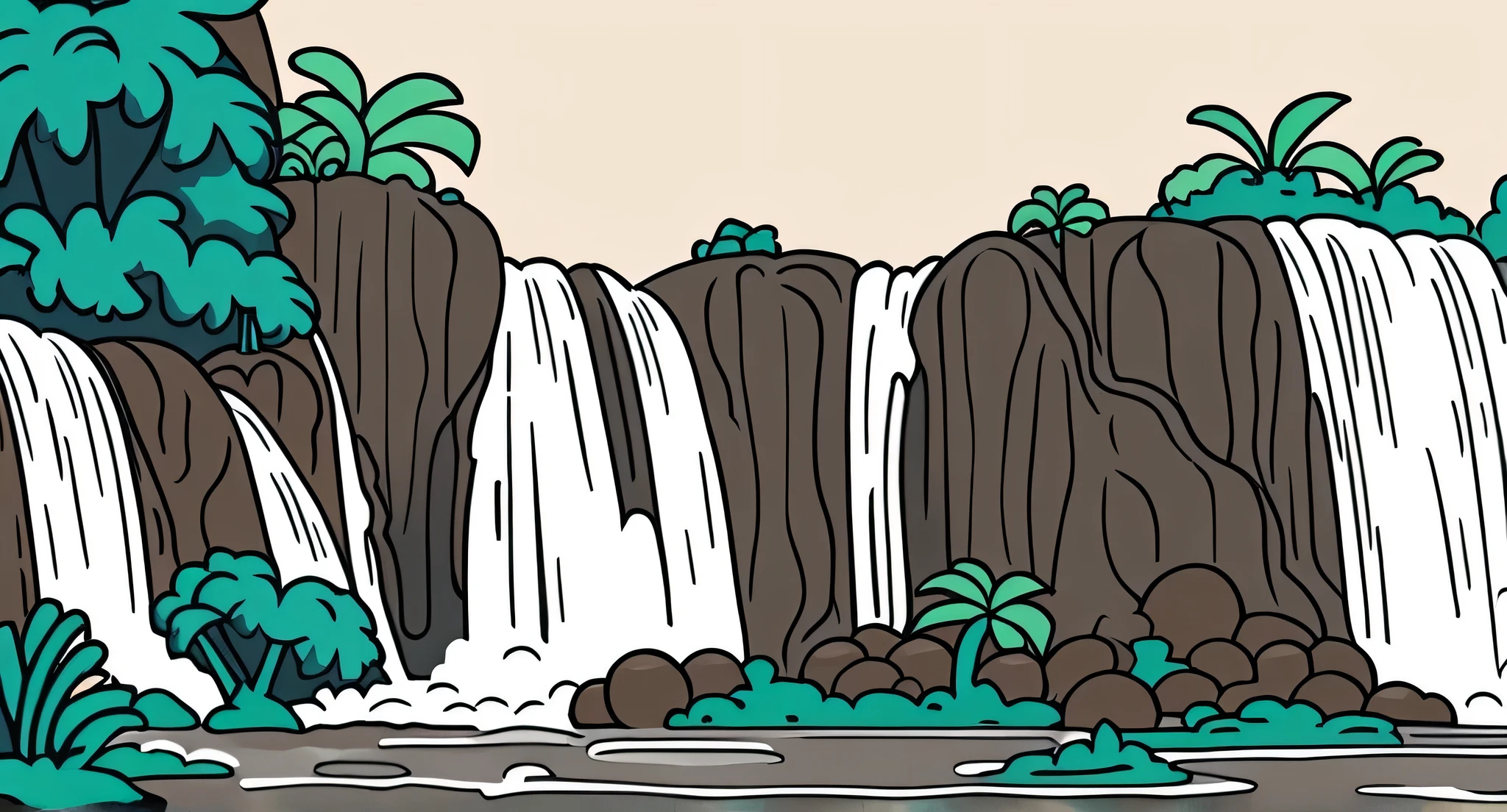/Imagine Prompt: Waterfall illustration for banner on white background, bold outline style, irregular, Trashcore, light shading